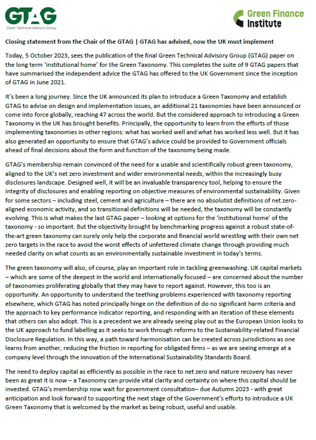 Closing statement from the Chair of the GTAG | GTAG has advised, now the UK must implement