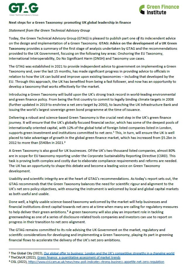 Next steps for a Green Taxonomy: promoting UK global leadership in finance